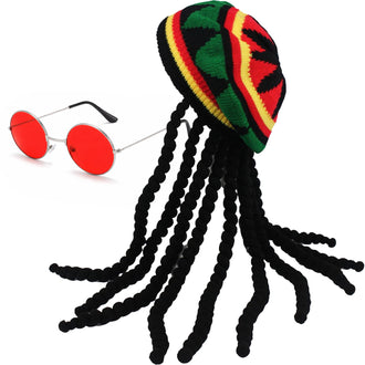 Rasta Hat & Dreadlock Wig Set with Glasses