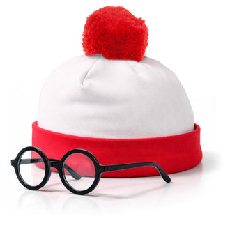 Red & White Striped Beanie and Glasses Set