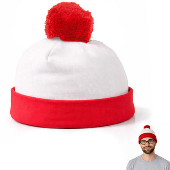Red & White Pom Pom Beanie Hat